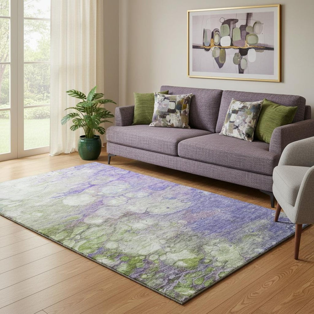 HomeRoots 5' X 8' Abstract Washable Area Rug in Purple, Green & Ivory - UV Protected, Durable & Stylish Design 656725