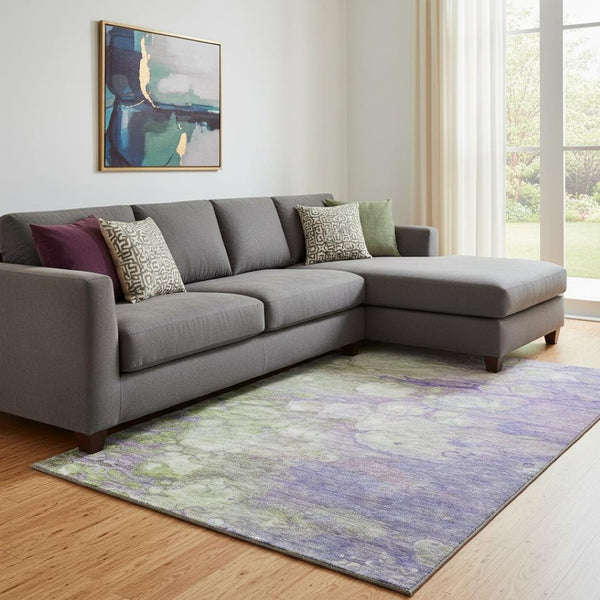 HomeRoots 8' X 10' Contemporary Purple Green Ivory Abstract Washable Area Rug with UV Protection & Durability 656727
