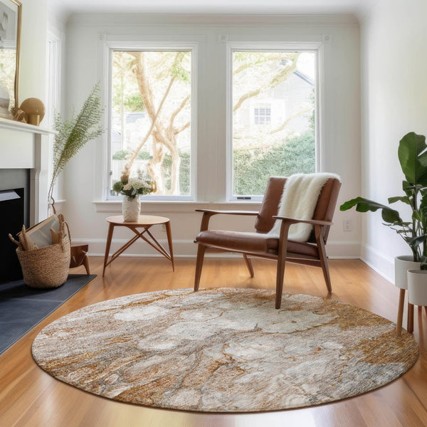 HomeRoots 8' Modern Abstract Washable Round Rug in Terra Cotta, Ivory & Gray with UV Protection for Durability 656732