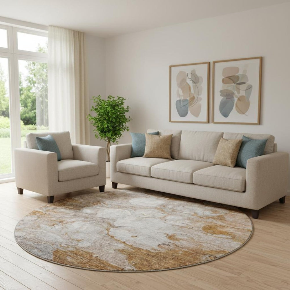 HomeRoots 8' Modern Abstract Washable Round Rug in Terra Cotta, Ivory & Gray with UV Protection for Durability 656732