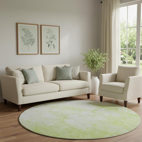 HomeRoots 8' Artichoke Green and Ivory Abstract Round Rug - Washable, UV Protected, Stain Resistant Design! 656738