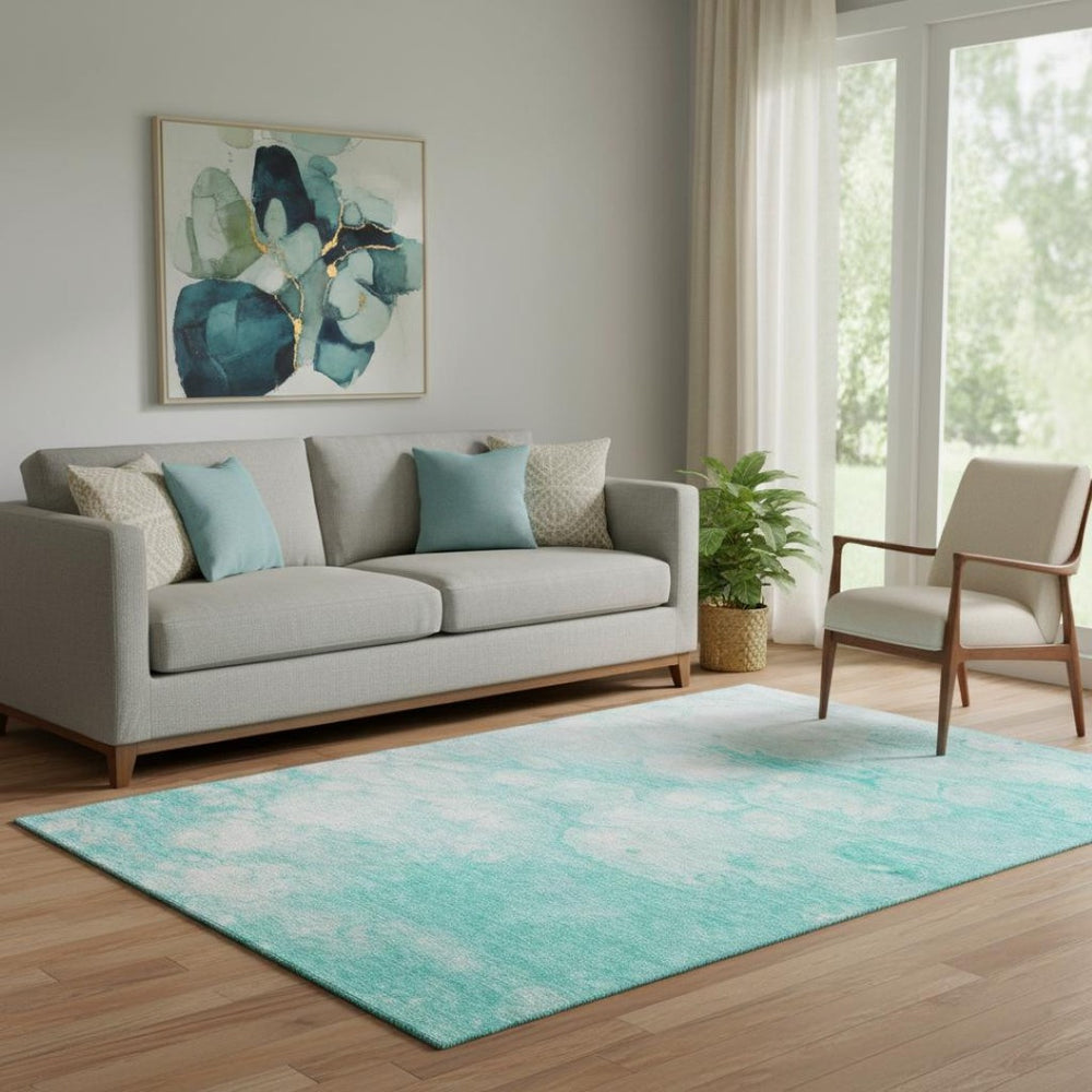 HomeRoots 5' X 8' Aqua and Ivory Abstract Washable Area Rug - Stylish, Durable, UV-Protected for Busy Homes! 656743