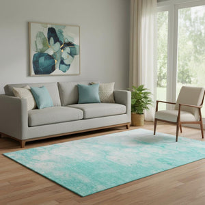 HomeRoots 5' X 8' Aqua and Ivory Abstract Washable Area Rug - Stylish, Durable, UV-Protected for Busy Homes! 656743