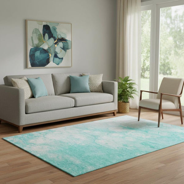HomeRoots 5' X 8' Aqua and Ivory Abstract Washable Area Rug - Stylish, Durable, UV-Protected for Busy Homes! 656743