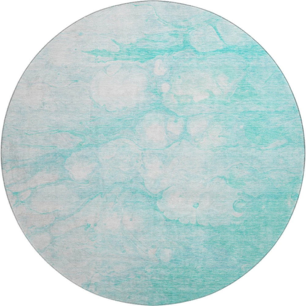 HomeRoots 8' Aqua and Ivory Abstract Round Rug - Durable, Stain Resistant, UV Protected for Indoor & Outdoor Use 656744