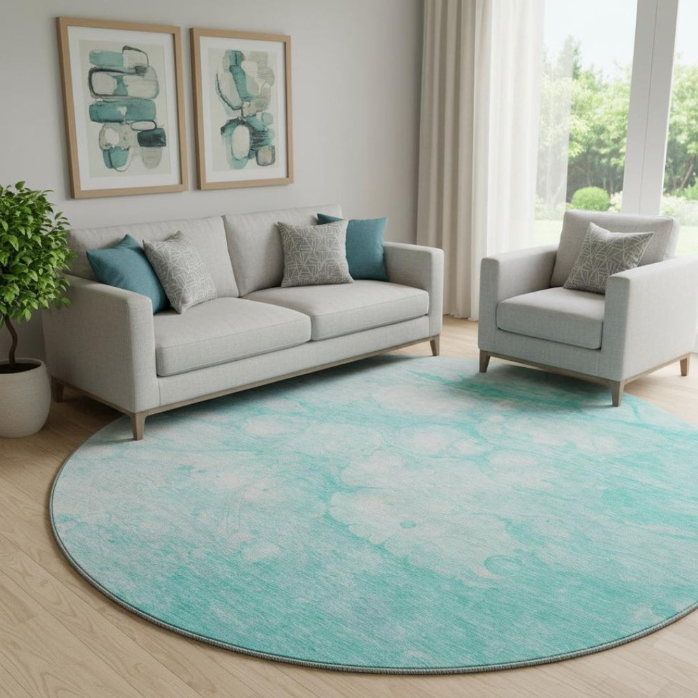 HomeRoots 8' Aqua and Ivory Abstract Round Rug - Durable, Stain Resistant, UV Protected for Indoor & Outdoor Use 656744