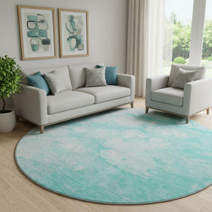 HomeRoots 8' Aqua and Ivory Abstract Round Rug - Durable, Stain Resistant, UV Protected for Indoor & Outdoor Use 656744
