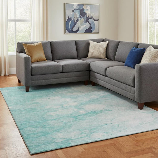 HomeRoots 8' X 10' Aqua and Ivory Abstract Washable Area Rug - Durable, Stylish, UV-Resistant for Busy Homes 656745