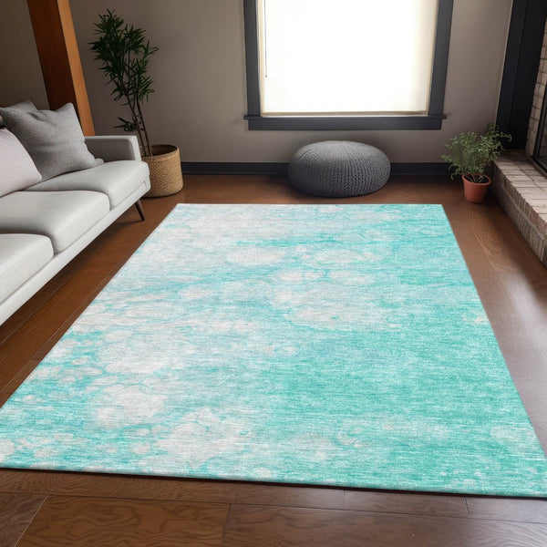 HomeRoots 9' X 12' Aqua And Ivory Abstract Area Rug - Durable, Washable, Stain Resistant & UV Protected Design 656746
