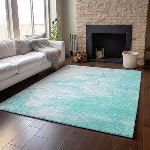 HomeRoots 9' X 12' Aqua And Ivory Abstract Area Rug - Durable, Washable, Stain Resistant & UV Protected Design 656746