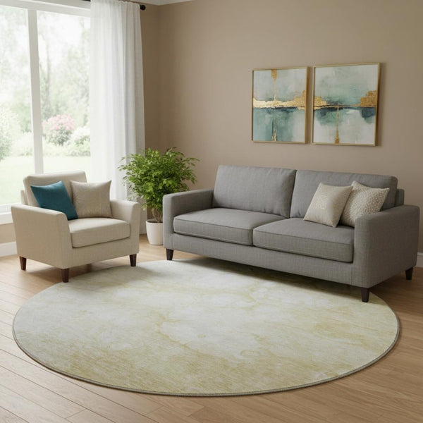 HomeRoots 8' Beige and Ivory Abstract Round Rug – Durable, Washable, UV Protected for Homes with Kids & Pets 656750