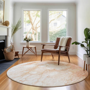 HomeRoots 8' Coral and Ivory Modern Abstract Washable Round Rug - Durable, UV Resistant and Family-Friendly Design 656756