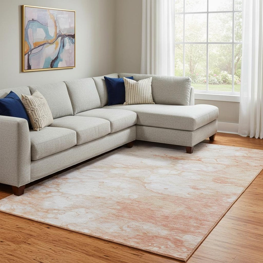 HomeRoots 8' X 10' Coral and Ivory Abstract Washable Area Rug – Stain-Resistant, UV-Protected, Soft & Stylish 656757