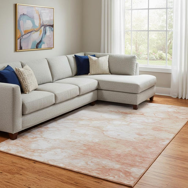 HomeRoots 8' X 10' Coral and Ivory Abstract Washable Area Rug – Stain-Resistant, UV-Protected, Soft & Stylish 656757