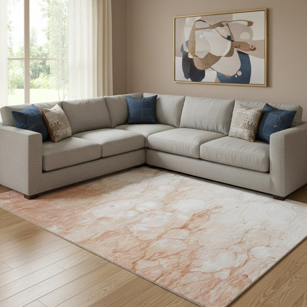 HomeRoots 10' X 14' Coral and Ivory Abstract Washable Area Rug – UV Protected, Durable, Family-Friendly Design 656759