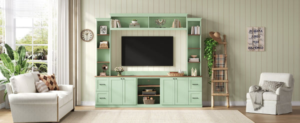 English Elm Unique Low Profile Media Console with Led Lighting Glass Shelves Fits Tvs to 105 Mint Green N721S000077M
