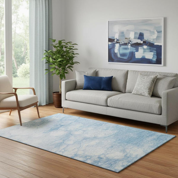 HomeRoots 5' X 8' Sky Blue & Ivory Abstract Area Rug - Washable, UV Protected, Stylish & Durable for Any Space 656767