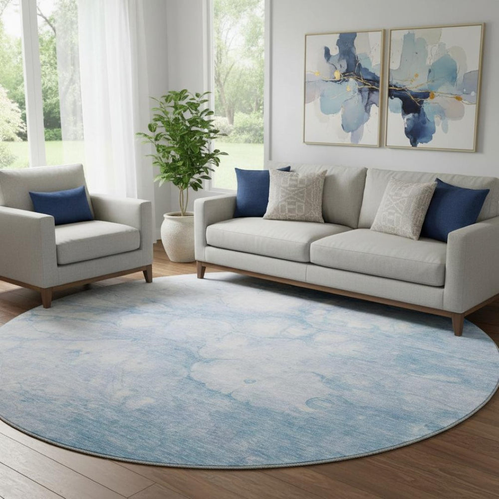HomeRoots 8' Sky Blue & Ivory Abstract Round Rug – Washable, UV Protected, Durable for High-Traffic Homes 656768