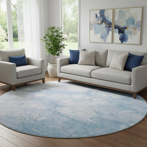 HomeRoots 8' Sky Blue & Ivory Abstract Round Rug – Washable, UV Protected, Durable for High-Traffic Homes 656768