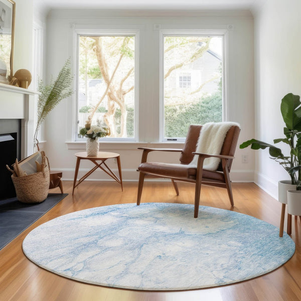 HomeRoots 8' Sky Blue & Ivory Abstract Round Rug – Washable, UV Protected, Durable for High-Traffic Homes 656768