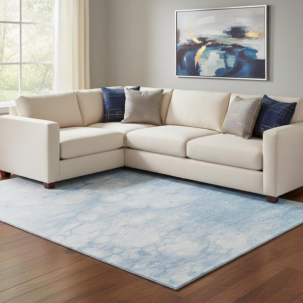 HomeRoots 8' X 10' Sky Blue And Ivory Abstract Washable Area Rug - Durable, UV-Protected, and Stylish for Any Room 656769
