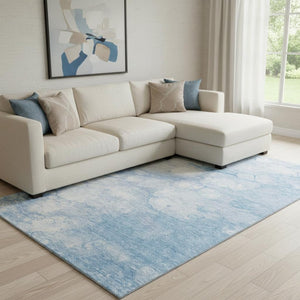 HomeRoots 10' X 14' Sky Blue & Ivory Abstract Area Rug - Washable, UV Protected, Perfect for High-Traffic Areas 656771