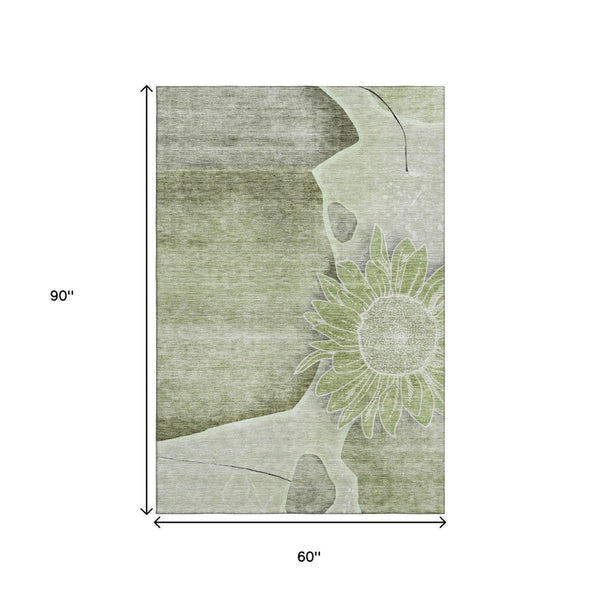 HomeRoots 5' X 8' Artichoke Green Floral Area Rug - Stain-Resistant, UV Protected, Perfect for High-Traffic Spaces 656779