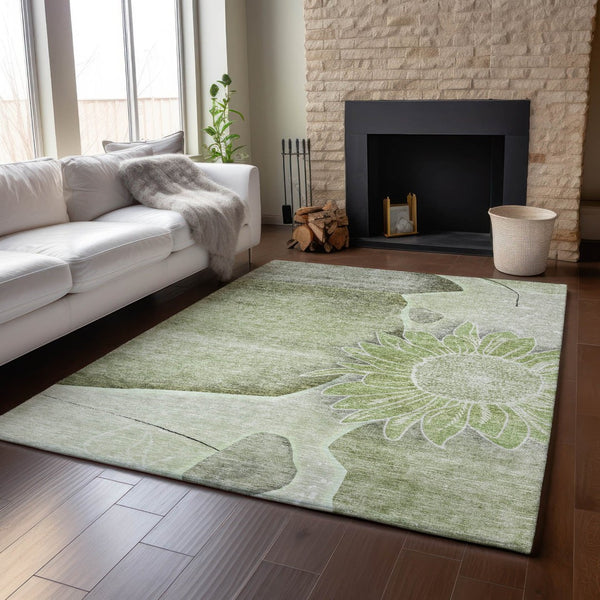 HomeRoots 5' X 8' Artichoke Green Floral Area Rug - Stain-Resistant, UV Protected, Perfect for High-Traffic Spaces 656779