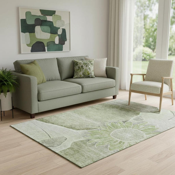 HomeRoots 5' X 8' Artichoke Green Floral Area Rug - Stain-Resistant, UV Protected, Perfect for High-Traffic Spaces 656779