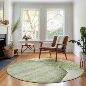 HomeRoots 8' Washable Round Rug in Artichoke Green, Gray & Ivory - UV Protected, Stain-Resistant Floral Design 656780