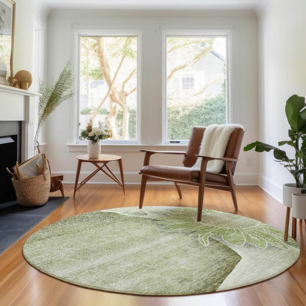 HomeRoots 8' Washable Round Rug in Artichoke Green, Gray & Ivory - UV Protected, Stain-Resistant Floral Design 656780