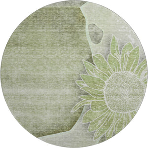 HomeRoots 8' Washable Round Rug in Artichoke Green, Gray & Ivory - UV Protected, Stain-Resistant Floral Design 656780