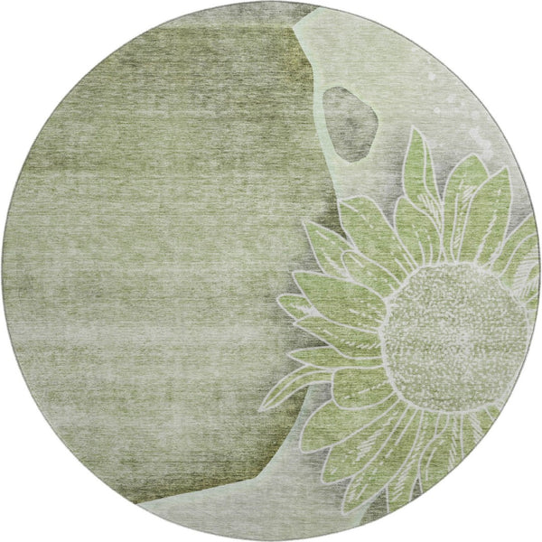 HomeRoots 8' Washable Round Rug in Artichoke Green, Gray & Ivory - UV Protected, Stain-Resistant Floral Design 656780