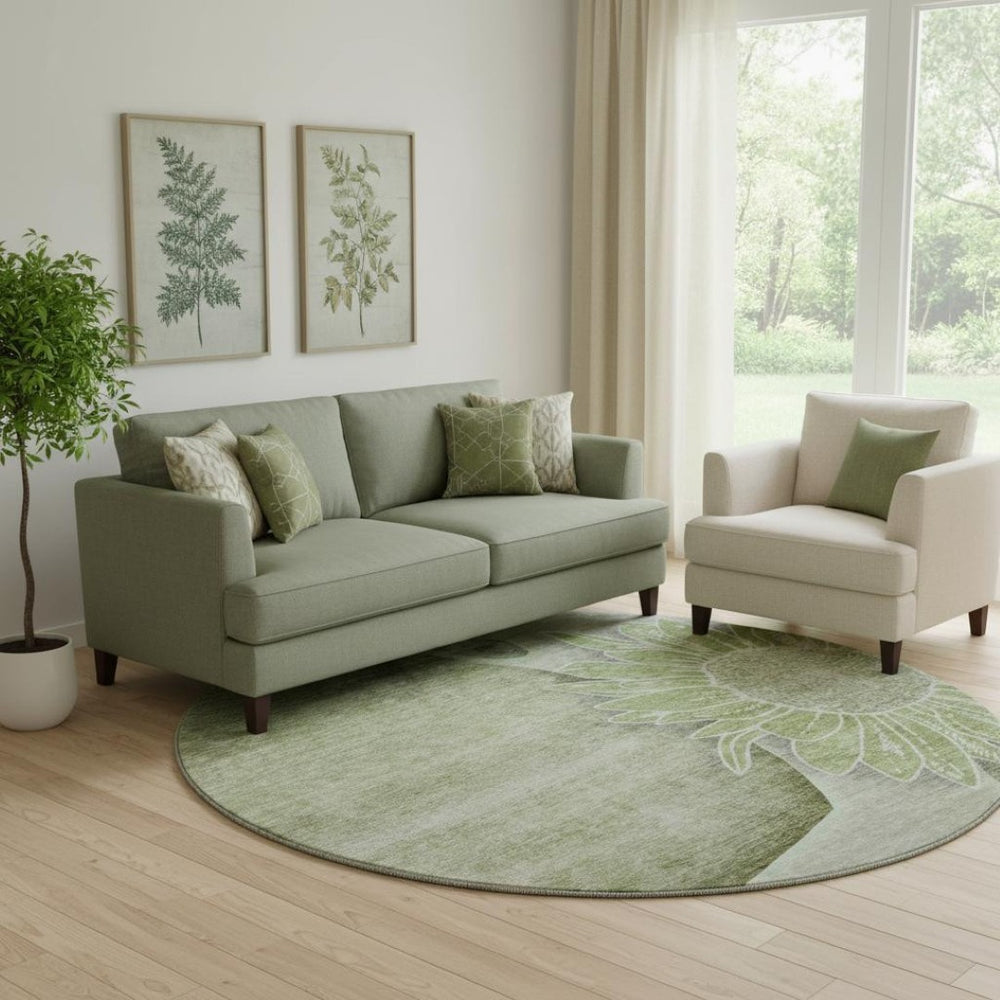 HomeRoots 8' Washable Round Rug in Artichoke Green, Gray & Ivory - UV Protected, Stain-Resistant Floral Design 656780