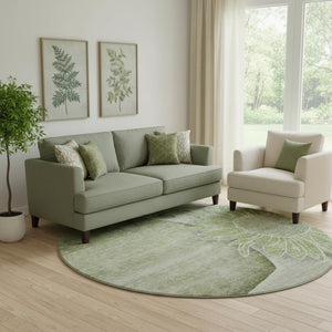 HomeRoots 8' Washable Round Rug in Artichoke Green, Gray & Ivory - UV Protected, Stain-Resistant Floral Design 656780