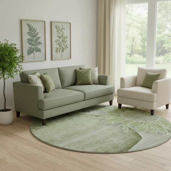 HomeRoots 8' Washable Round Rug in Artichoke Green, Gray & Ivory - UV Protected, Stain-Resistant Floral Design 656780