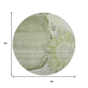 HomeRoots 8' Washable Round Rug in Artichoke Green, Gray & Ivory - UV Protected, Stain-Resistant Floral Design 656780