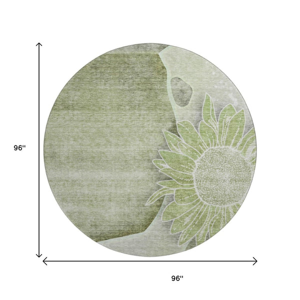 HomeRoots 8' Washable Round Rug in Artichoke Green, Gray & Ivory - UV Protected, Stain-Resistant Floral Design 656780
