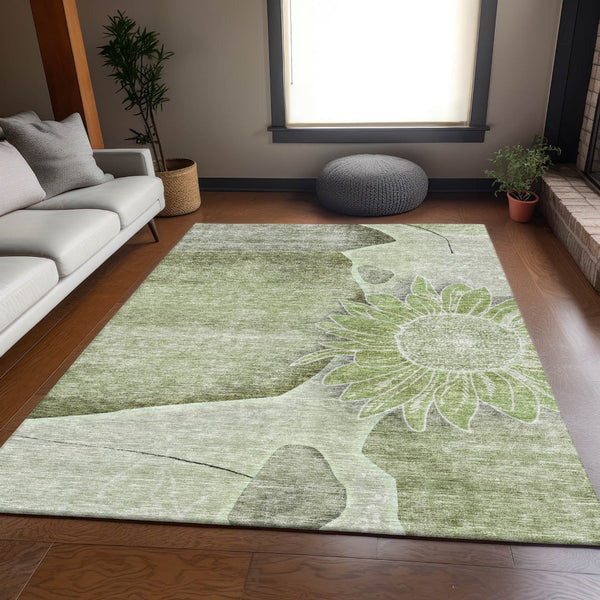 HomeRoots 8' X 10' Artichoke Green Floral Area Rug - Washable, UV-Protected, Ideal for High-Traffic Rooms 656781