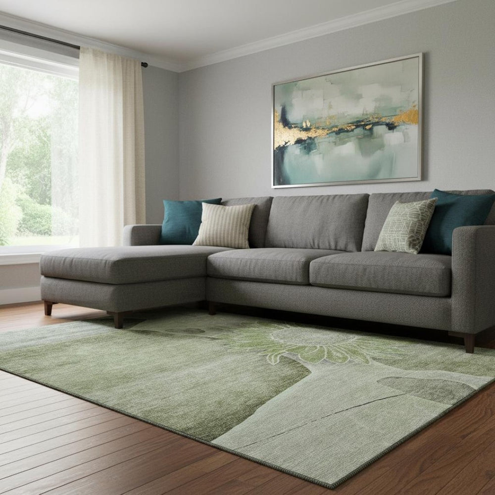 HomeRoots 8' X 10' Artichoke Green Floral Area Rug - Washable, UV-Protected, Ideal for High-Traffic Rooms 656781