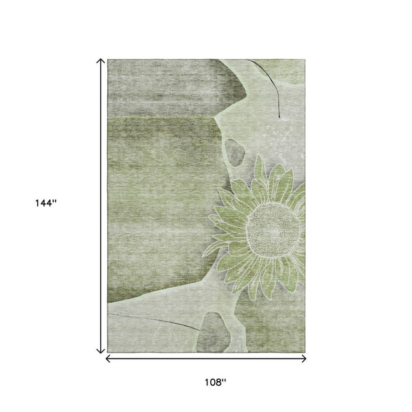 HomeRoots 9' X 12' Artichoke Green Floral Area Rug - Washable, UV Protected, Stain Resistant for High Traffic Areas 656782