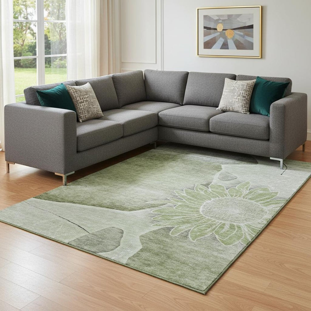 HomeRoots 9' X 12' Artichoke Green Floral Area Rug - Washable, UV Protected, Stain Resistant for High Traffic Areas 656782