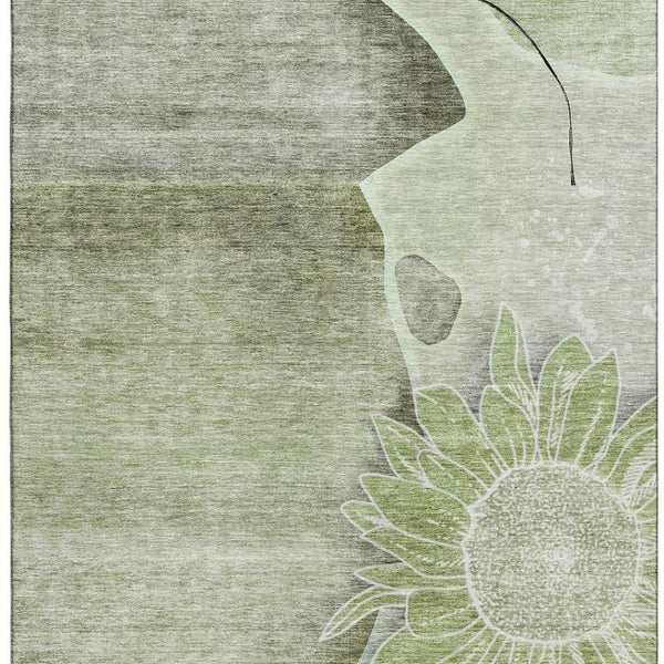 HomeRoots 9' X 12' Artichoke Green Floral Area Rug - Washable, UV Protected, Stain Resistant for High Traffic Areas 656782