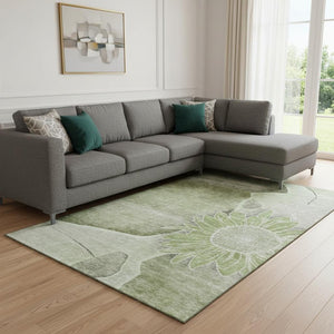 HomeRoots 10' X 14' Artichoke Green Floral Area Rug - Washable, Stain-Resistant, UV Protected for Busy Homes 656783