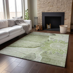 HomeRoots 10' X 14' Artichoke Green Floral Area Rug - Washable, Stain-Resistant, UV Protected for Busy Homes 656783