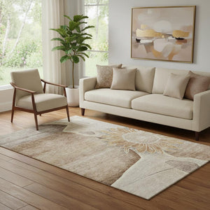 HomeRoots 5' X 8' Washable Brown & Beige Floral Area Rug with UV Protection - Durable, Stain-Resistant Design 656785