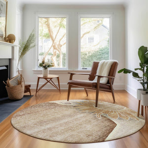 HomeRoots 8' Washable Round Rug in Brown & Beige Floral Design - UV Protected, Stain Resistant, Durable & Stylish 656786