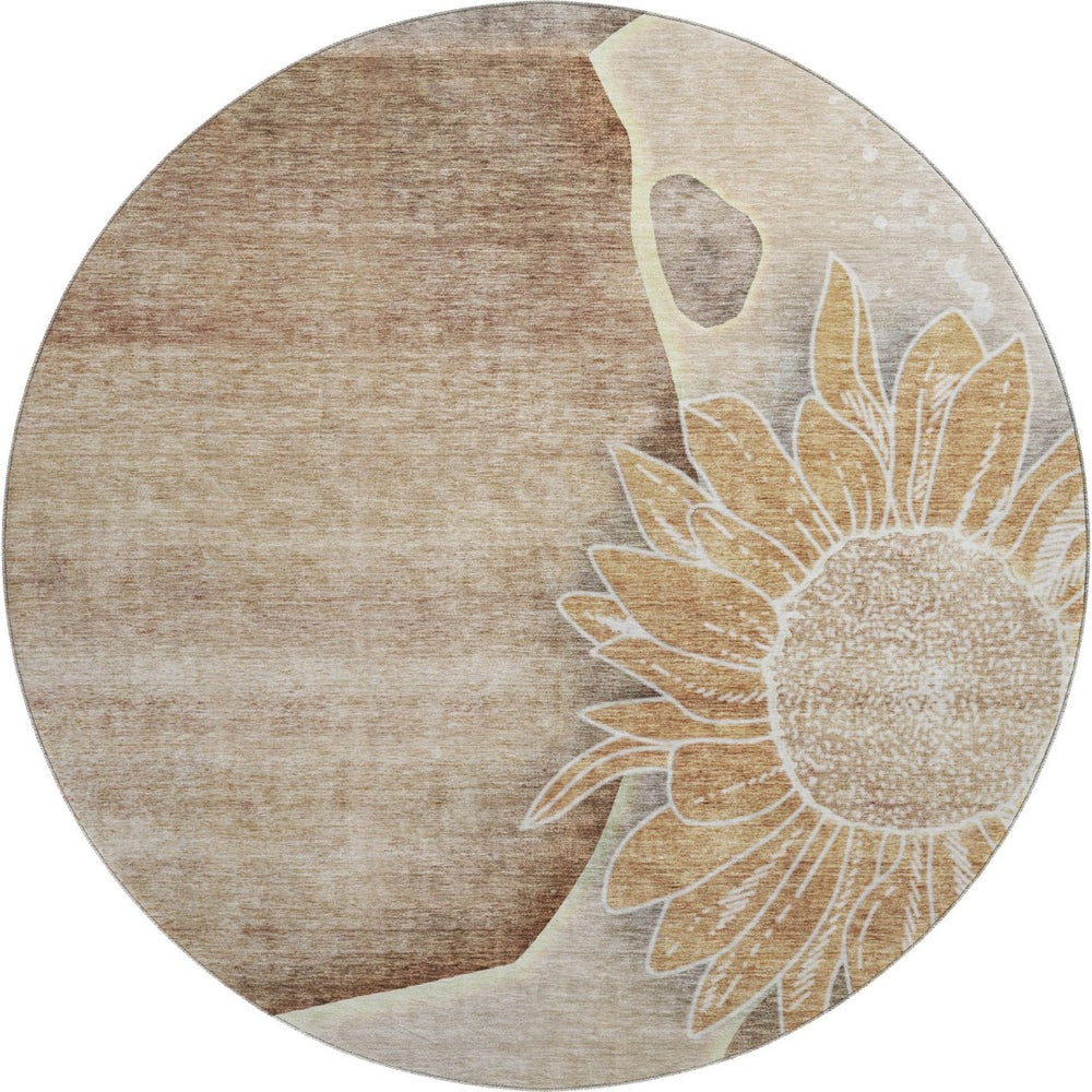 HomeRoots 8' Washable Round Rug in Brown & Beige Floral Design - UV Protected, Stain Resistant, Durable & Stylish 656786