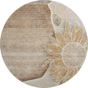 HomeRoots 8' Washable Round Rug in Brown & Beige Floral Design - UV Protected, Stain Resistant, Durable & Stylish 656786