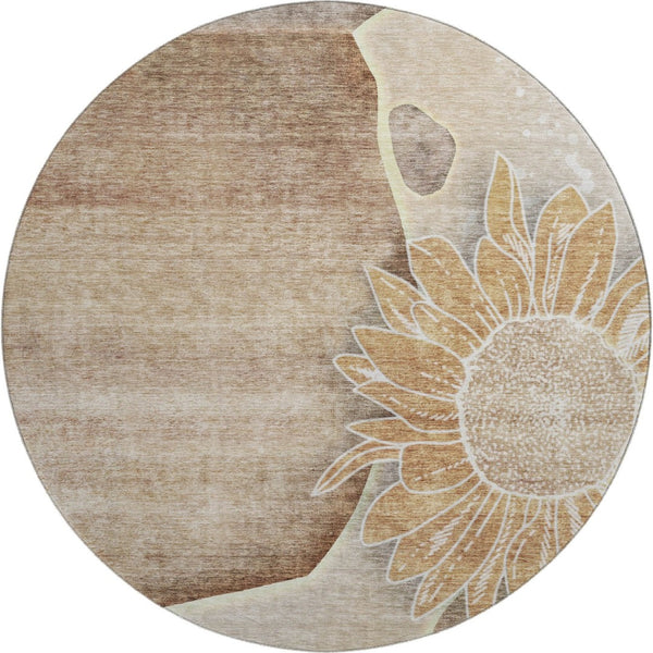 HomeRoots 8' Washable Round Rug in Brown & Beige Floral Design - UV Protected, Stain Resistant, Durable & Stylish 656786